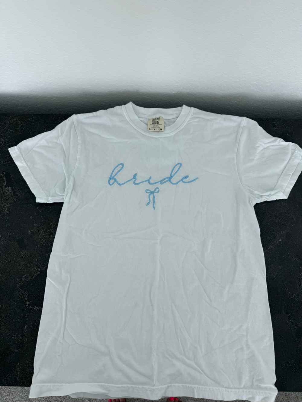 Comfort Colors White Tee with Light Blue "bride" Script